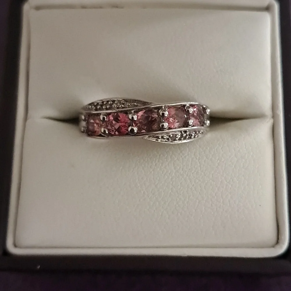 Ouro Fino Rubellite & White Topaz Ring 925 Sterling Silver